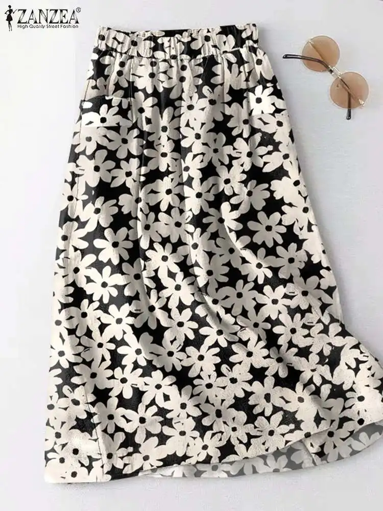 

2023 Summer Elastic Waist Long Jupe ZANZEA Women Floral Print Skirt Casual Loose Pocket Faldas Holiday Bohemian Beach Skirts