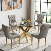 Circle Glass Dining Table Set for 4, Small Kitchen Table Set for 4, 35" Round Glass Dinner Table and Grey Velvet Chairs Set of 4 1