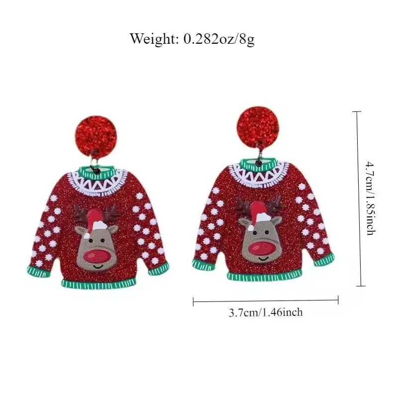 Christmas Earrings for Women Glitter Sweater Shaped Acrylic Dangle Earrings Cute Elk Snowman Santa Claus Party Jewelry Gifts