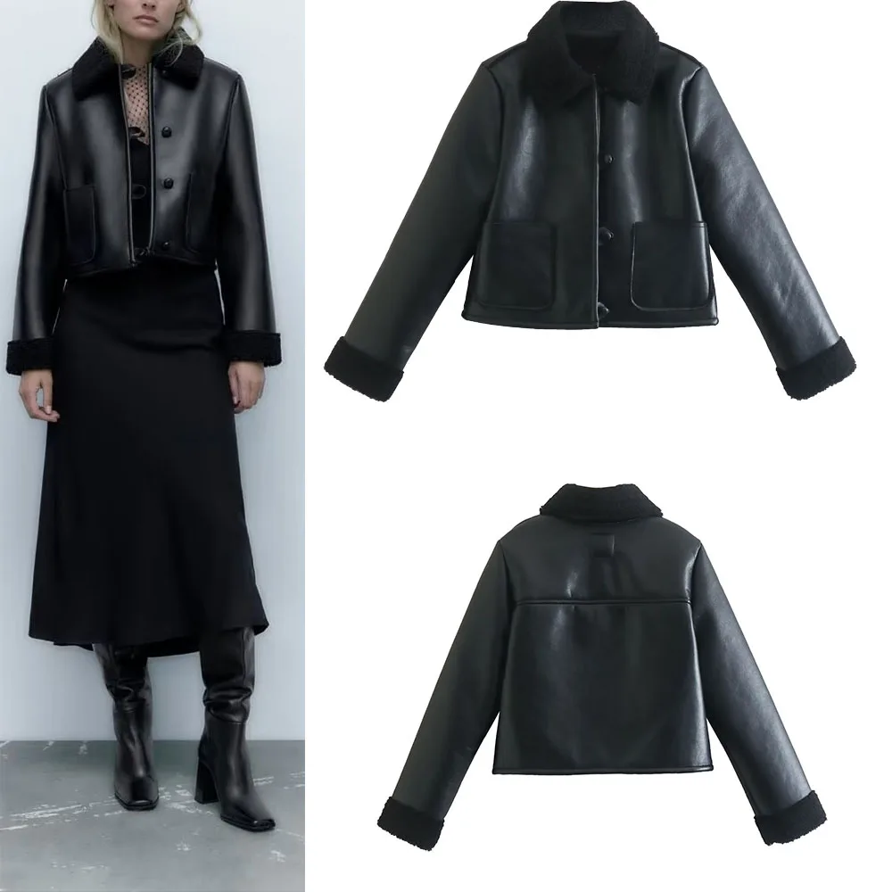 

New autumn and winter women's black fur temperament one-piece short double-sided jacket warm leather jacket