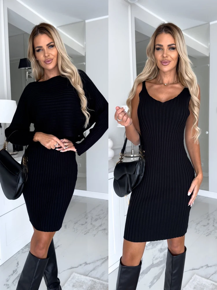 Women Two Piece Sets Fashion Long Sleeve Knitted Sweater And Dress Autumn Winter Outfits Warm Sexy Bodycon Dresses Sets