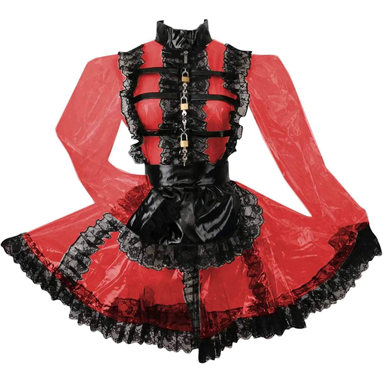 Elegant Lockable Front Zipper Maid Outfits Black Lace Frills with Apron ...