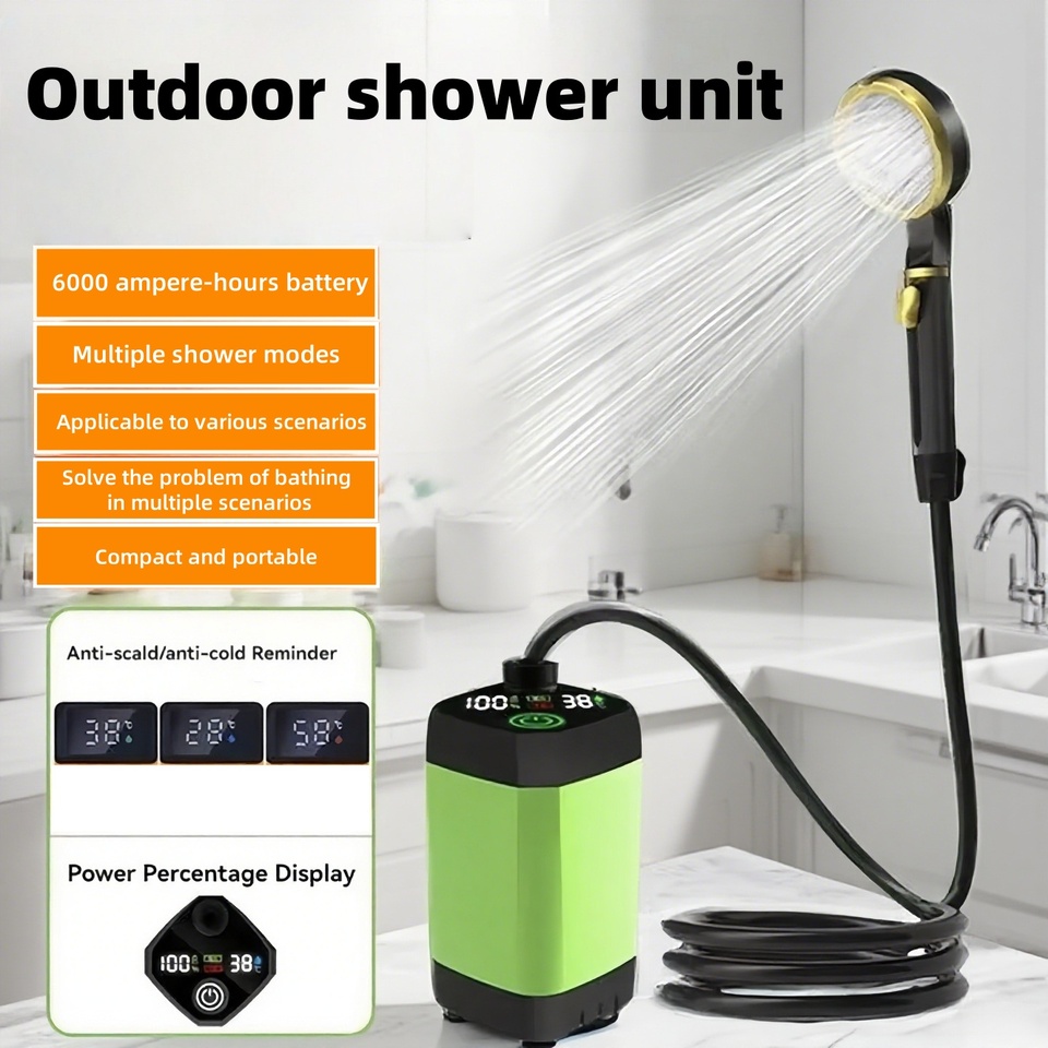  Portable outdoor electric shower unit, with long battery life, suitable for use in camping, bathrooms, and construction sites. 