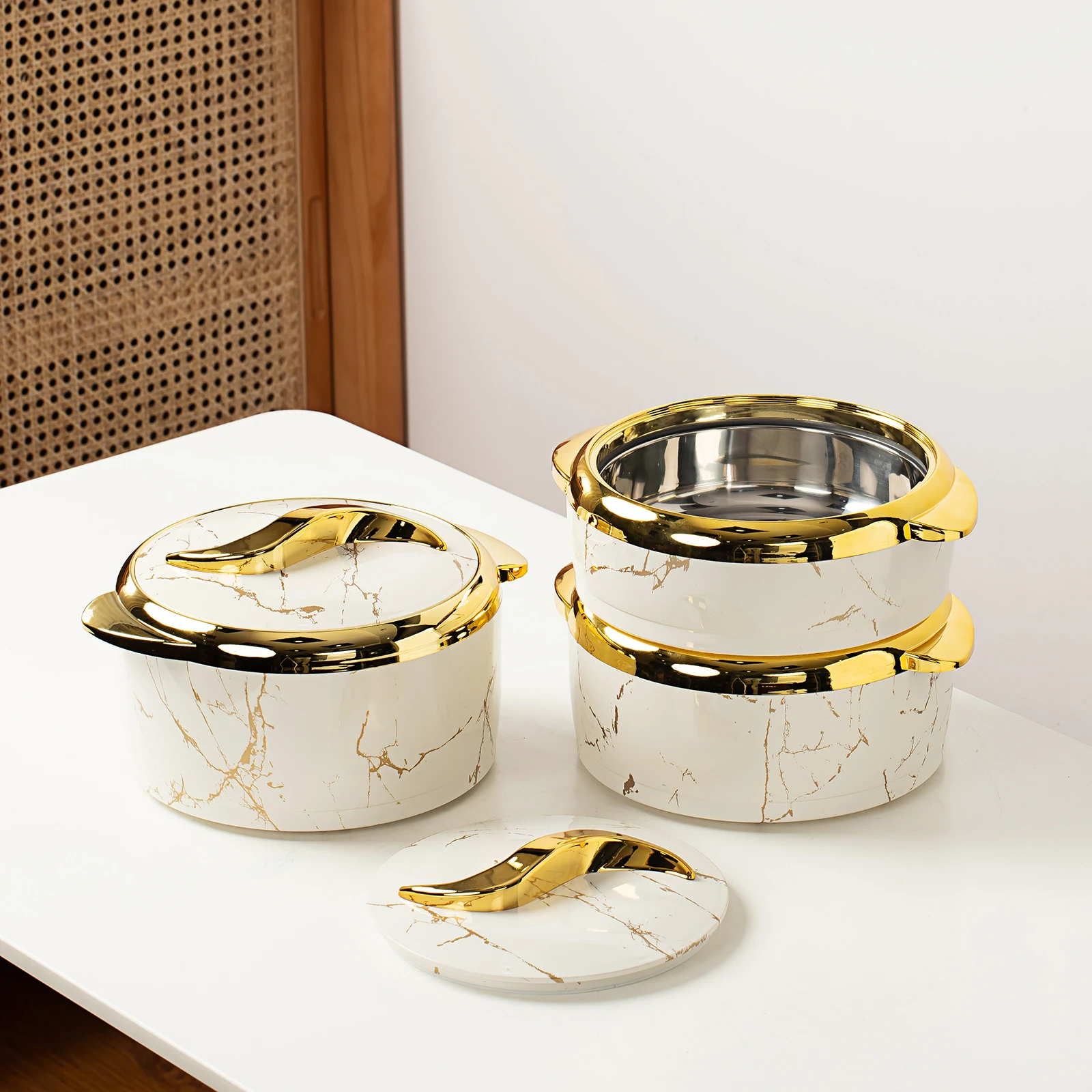 3 Piece Marble White Insulated Food Warmer