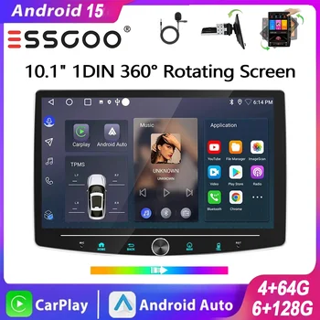 Radio Coche Universal ESSGOO Android 15 10.1" 4+64G/6+128G 1DIN Pantalla Táctil Giratoria 360° Carplay Inalámbrico Android Auto GPS NAV Bluetooth Controles al Volante Mirror Link RDS WIFI con Micrófono 1