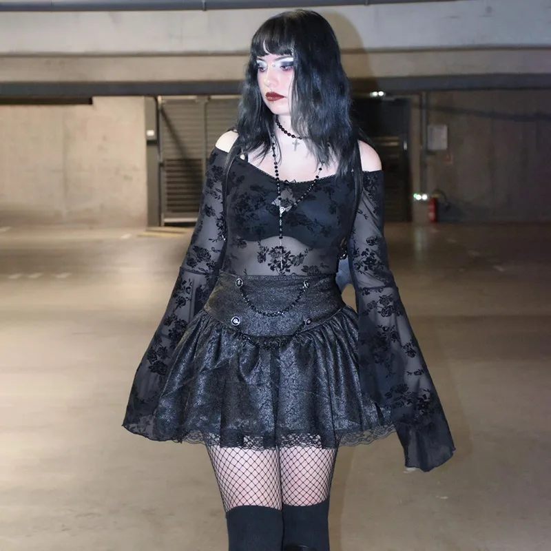 Gothic Black Floral Print Lace Trim A-Line Mini Skirts for Women Y2K Vintage Aesthetic High-waist Chains Short Skirt Streetwear