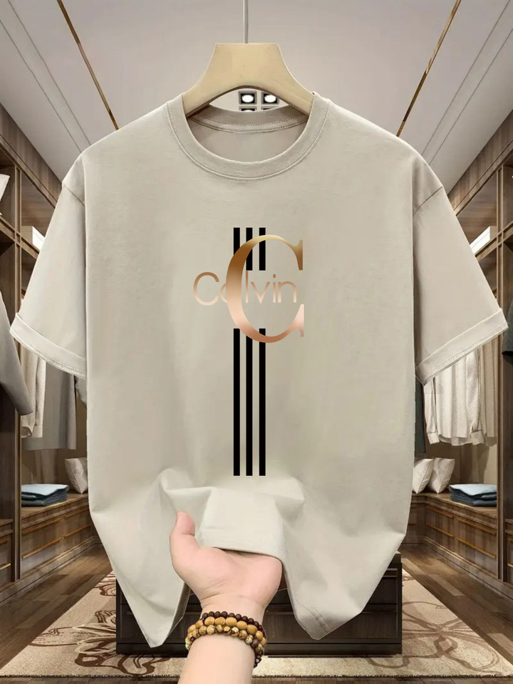 Men's summer 100% pure cotton fashionable casual sports loose Calvin pattern printed round neck short sleeved T-shirt top