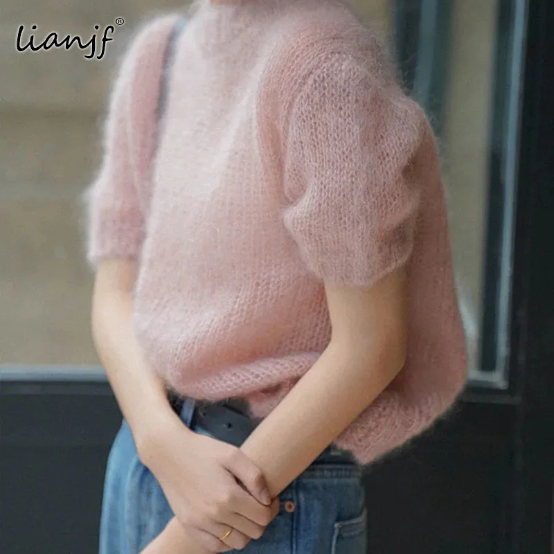 

Sweater Oversize High Quality Summer 2021 Knitted O-neck Hollow Short Sleeve Pullover Solid Women Sweater Sexy Hot Pink Sweater
