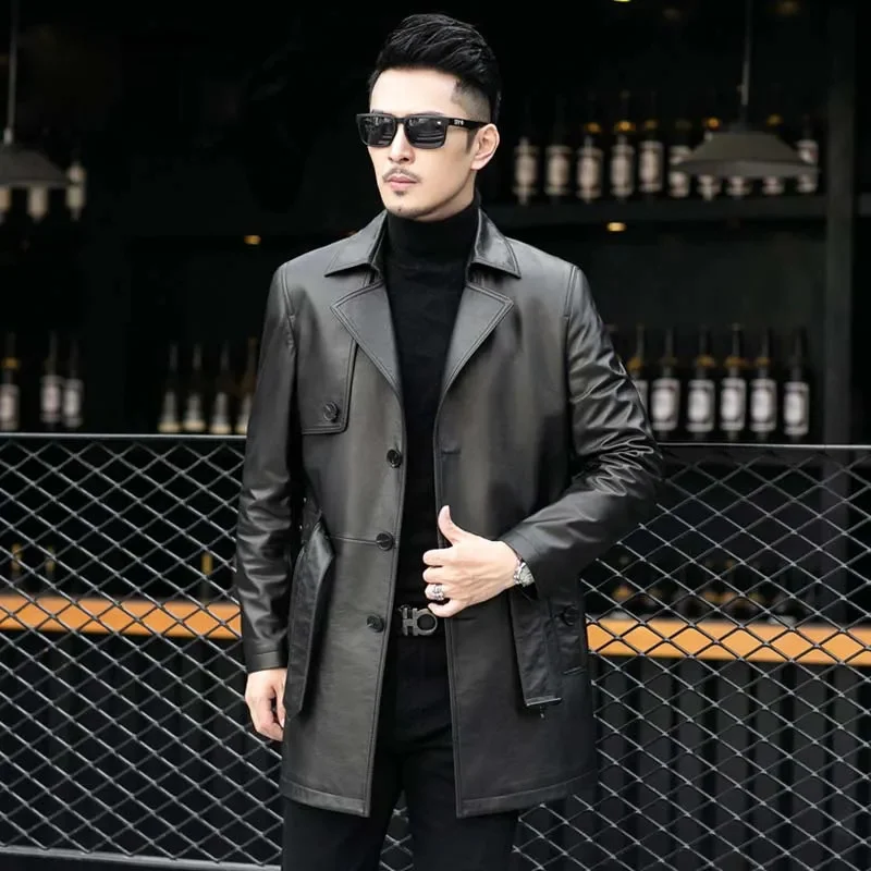 

Men's New Mid-Length First Layer Cowhide Trench Coat Genuine Leather Single Breasted Black Business Casual Jacket plus Size 6XL