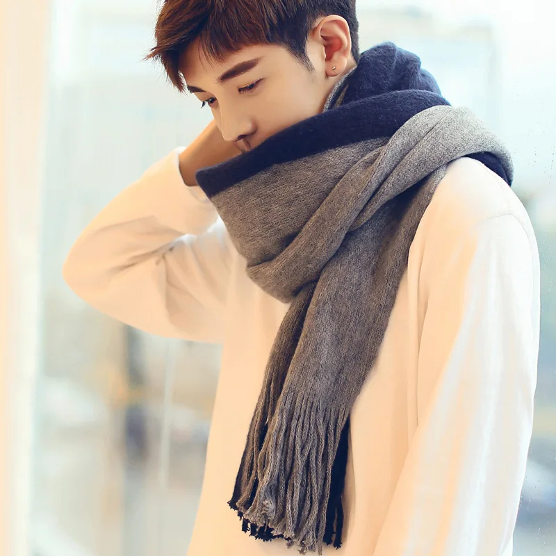 Korean Fashion Men's Knitted Scarf Winter Warm Men Scarves Patchwork Striped Wool Bufanda Soft Long Warmer Male Neakerchief