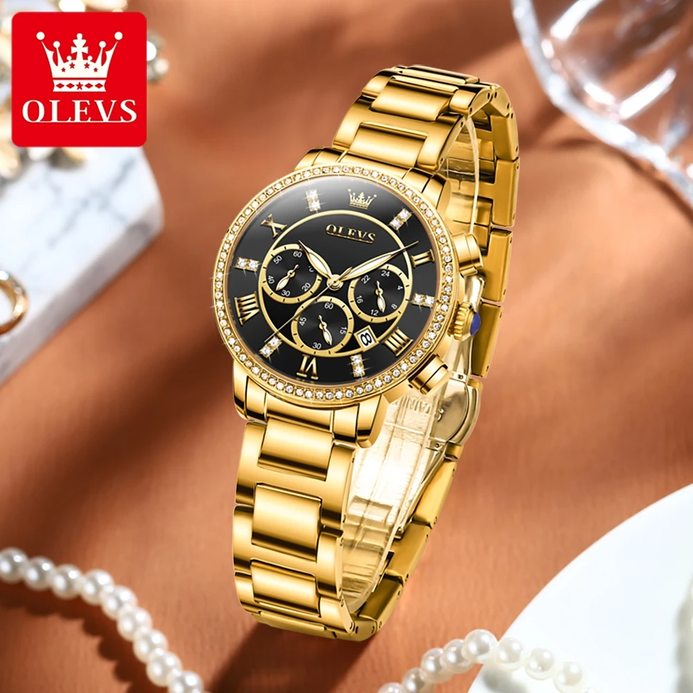 OLEVS New Luxury Gold Watch for Women Stainless Steel Waterproof Calendar Chronograph Quartz Watches Womens Relogio Feminino