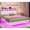 Full Bed Frame with LED Lights & Storage Headboard, Floating Platform Bed with Charging Station, Modern LED Floating Bed 1