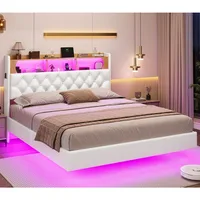 Full Bed Frame with LED Lights & Storage Headboard, Floating Platform Bed with Charging Station, Modern LED Floating Bed 1