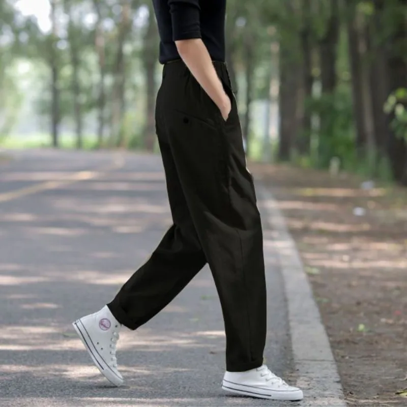 Women's Autumn Winter High Waist Solid Button Zipper Pocket Casual Loose Small Feet Workwear Trousers Fashion Vintage Pants