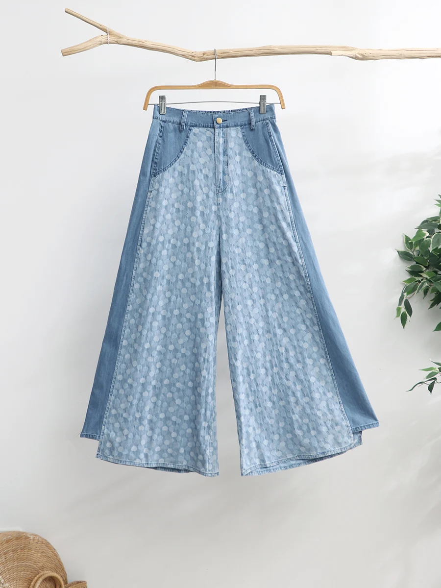 TIYIHAILEY Free Shipping Wide Leg Long Pants For Women Trousers Denim Jeans Elastic Waist Casual Pants With Pockets Print