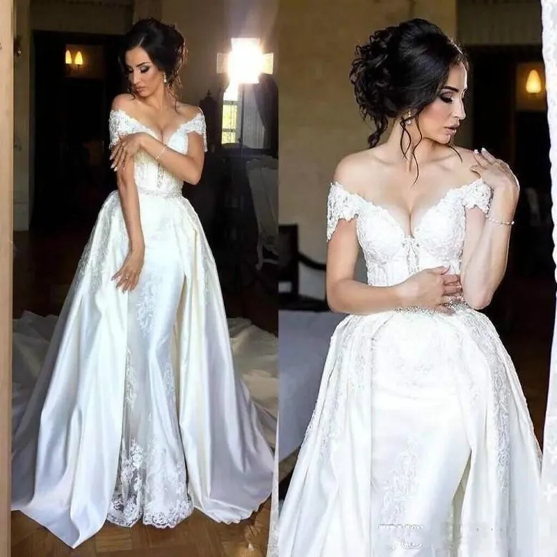 

Gorgeous Sweetheart Lace Appliques Mermaid Wedding Dress with Overskirt Satin Arabic Plus Size Vintage Bridal Gowns