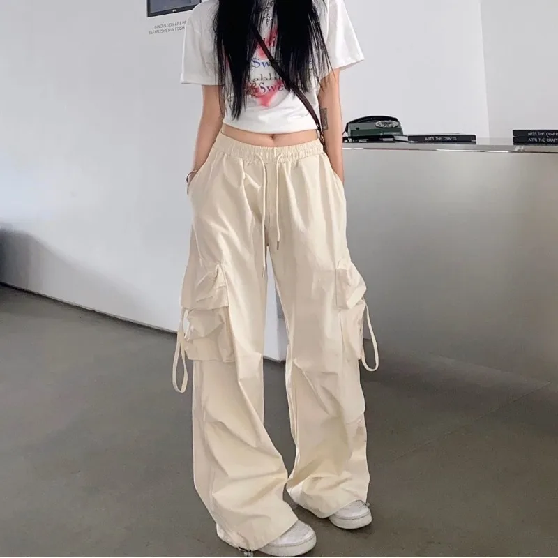 

Spring Autumn Solid Women's High Waisted Elastic Pleated Pockets Casual Harlan Wide Leg Workwear Trousers Loose Vintage Pants