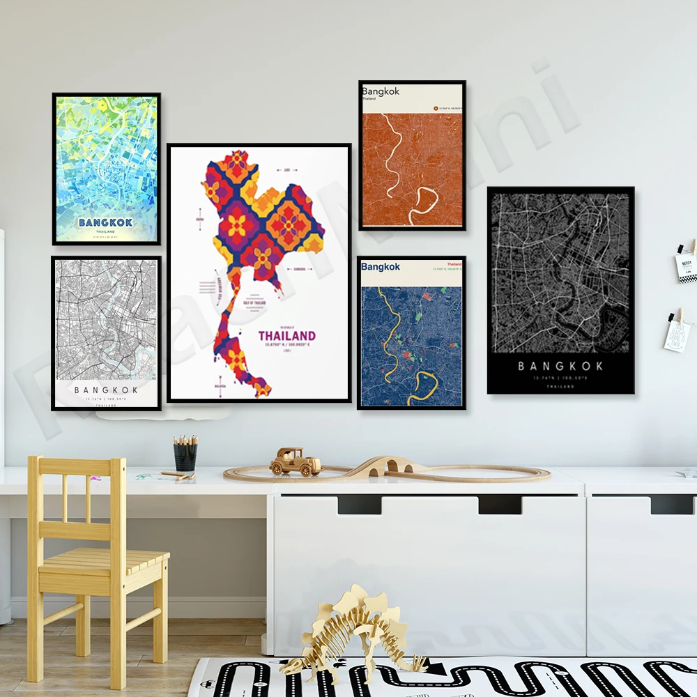 Thailandia Mappa Stampa Poster, Bangkok Thailandia, Colore Bianco E Nero Mappa Della Città Arte, Mappa Della Città Opere D'Arte Scandinave, Regalo Tha