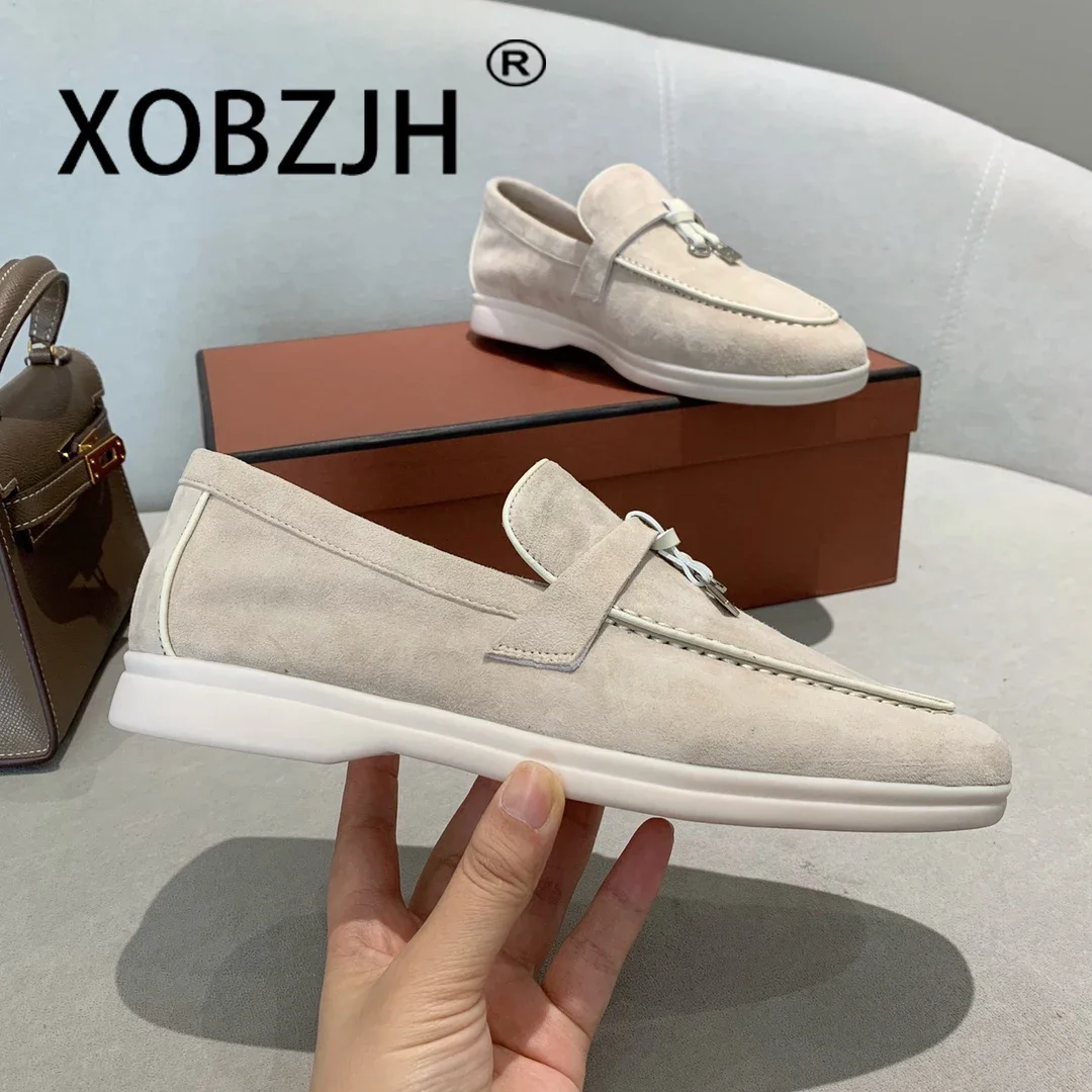 Leather Shoes Moccasines Loafers Summer Walk Shoes Suede Women Spring Autumn Fashion Causal Leather Metal Pendant Flat Shoes Lazy SlipOn Mules