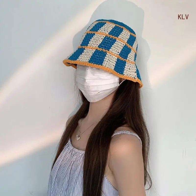 

Sweet Girls Crochet Stripe Pattern Bucket Hat Ladies Fisherman Cap Color Matching Woman Teens Casual Sunproof Hat