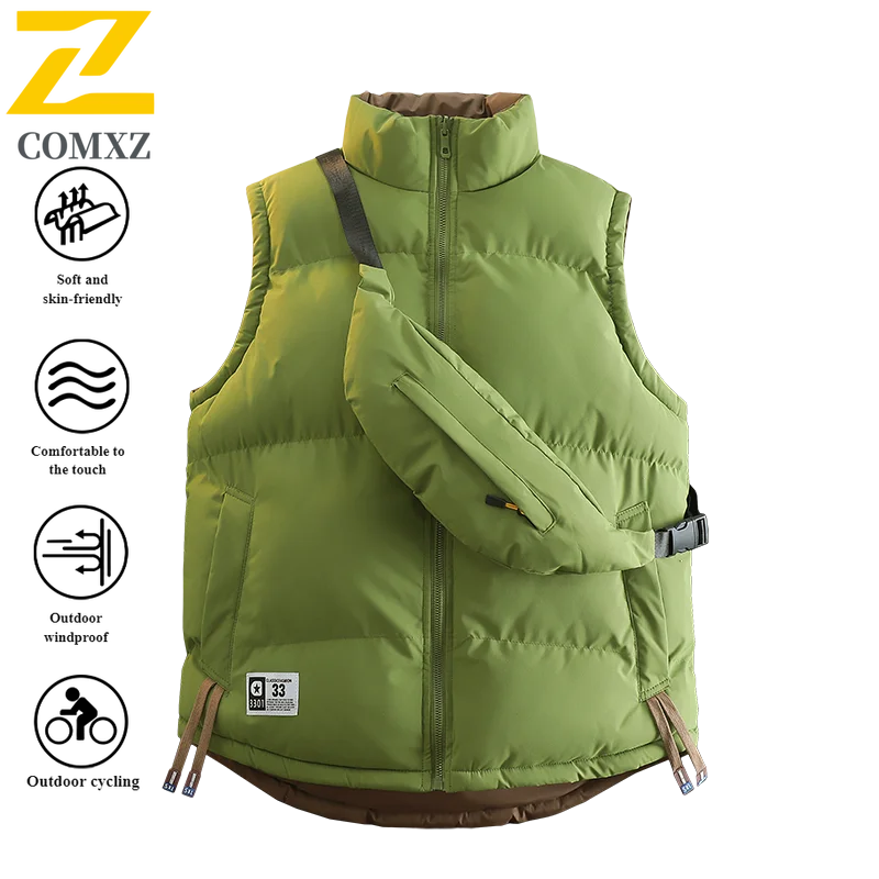 Men Women Reversible Sleeveless Vest Winter Warm Puffer Jacket Youth Fashion Backpack Vest Students Outdoor Down Cotton Vest