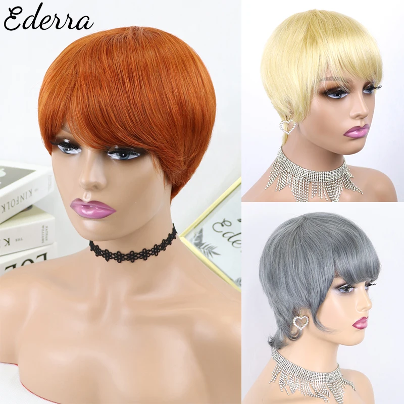 Perruque brésilienne Remy naturelle courte, cheveux lisses, coupe Pixie