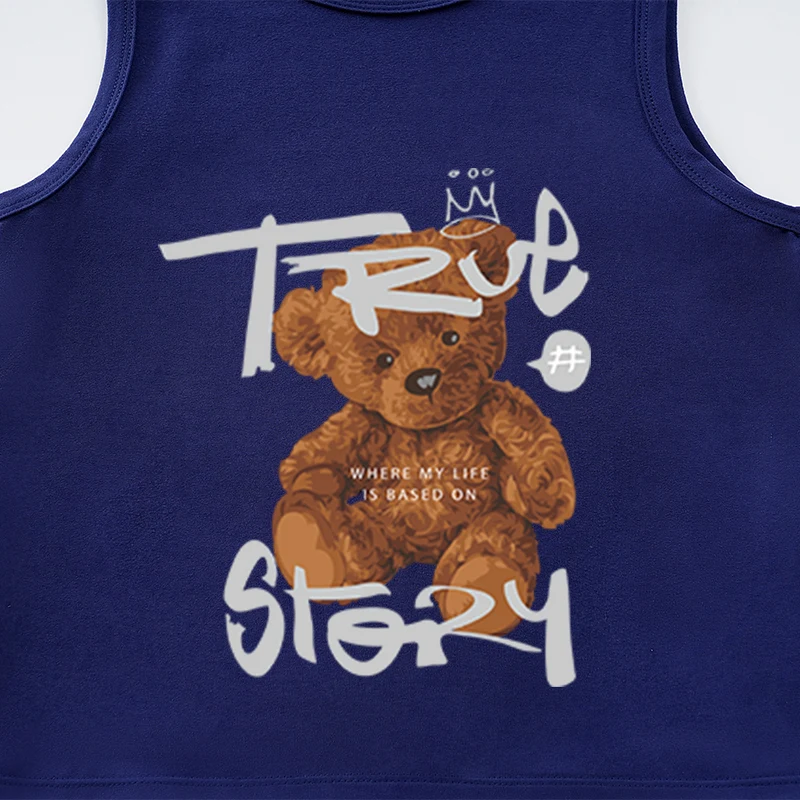 Baby Cute Cartoon Brown Bear Children's Tank Top Boys And Girls Blue Summer Sleeveless T-Shirt Preschool
