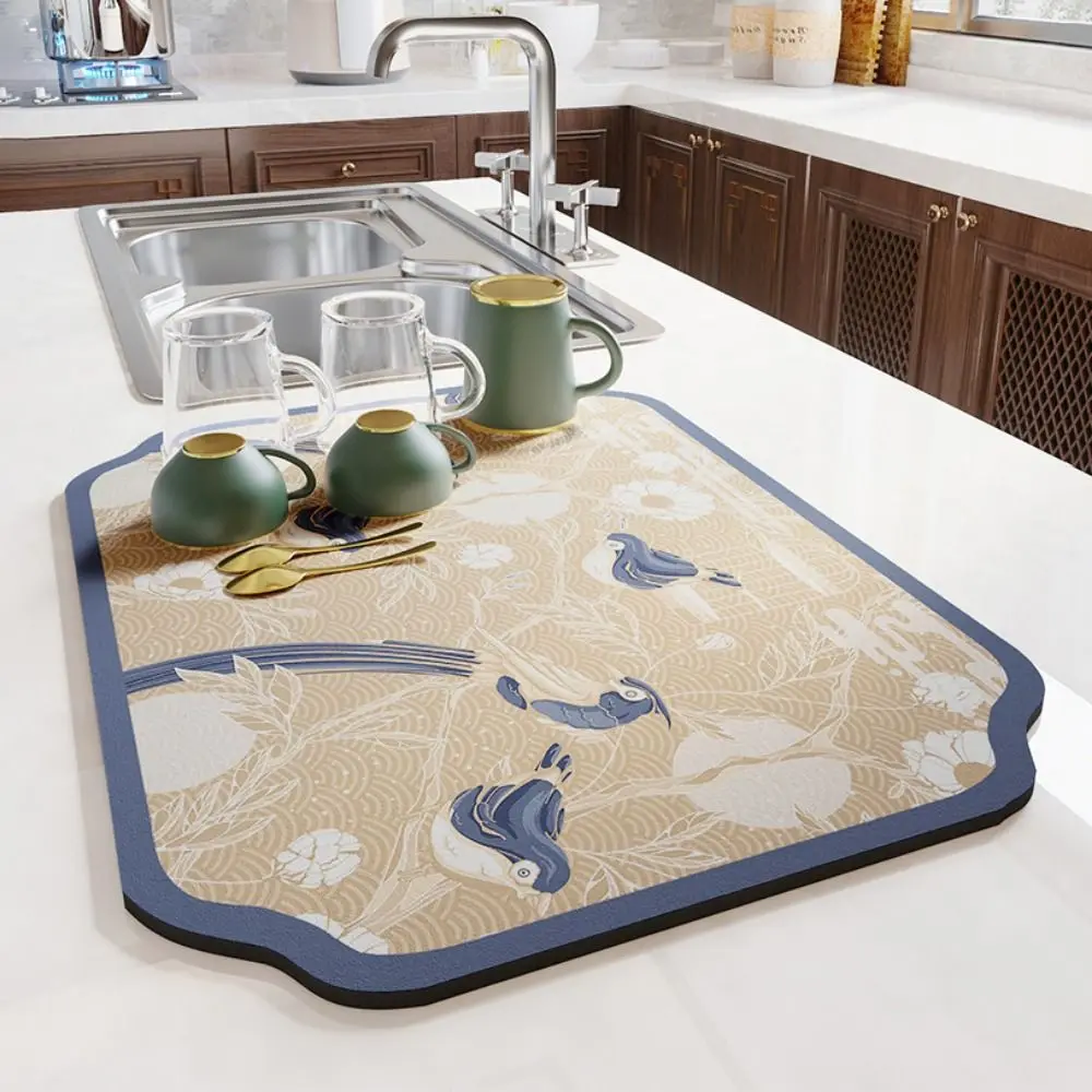

Flower Printed Diatom Mud Household Heat Resistant Non-Slip Cup Mat Dish Drying Mat Placemats Drying Drain Pad