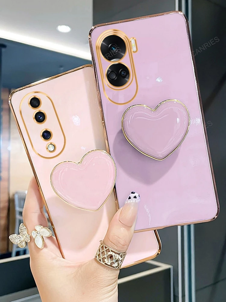 Luxury Plating Love Heart Stand Silicone Phone Case with Holder