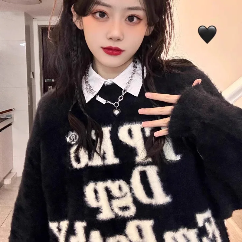 

China-Chic American letter printing cashmere sweater for women in autumn and winter thickened high street soft waxy sweater