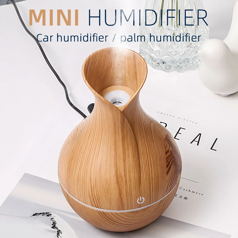 130ml 우드 아로마 디퓨저 - USB 미니 에센셜 오일 가습기(초음파 쿨 미스트, 7색 LED 무드 라이트, 자동 차단)