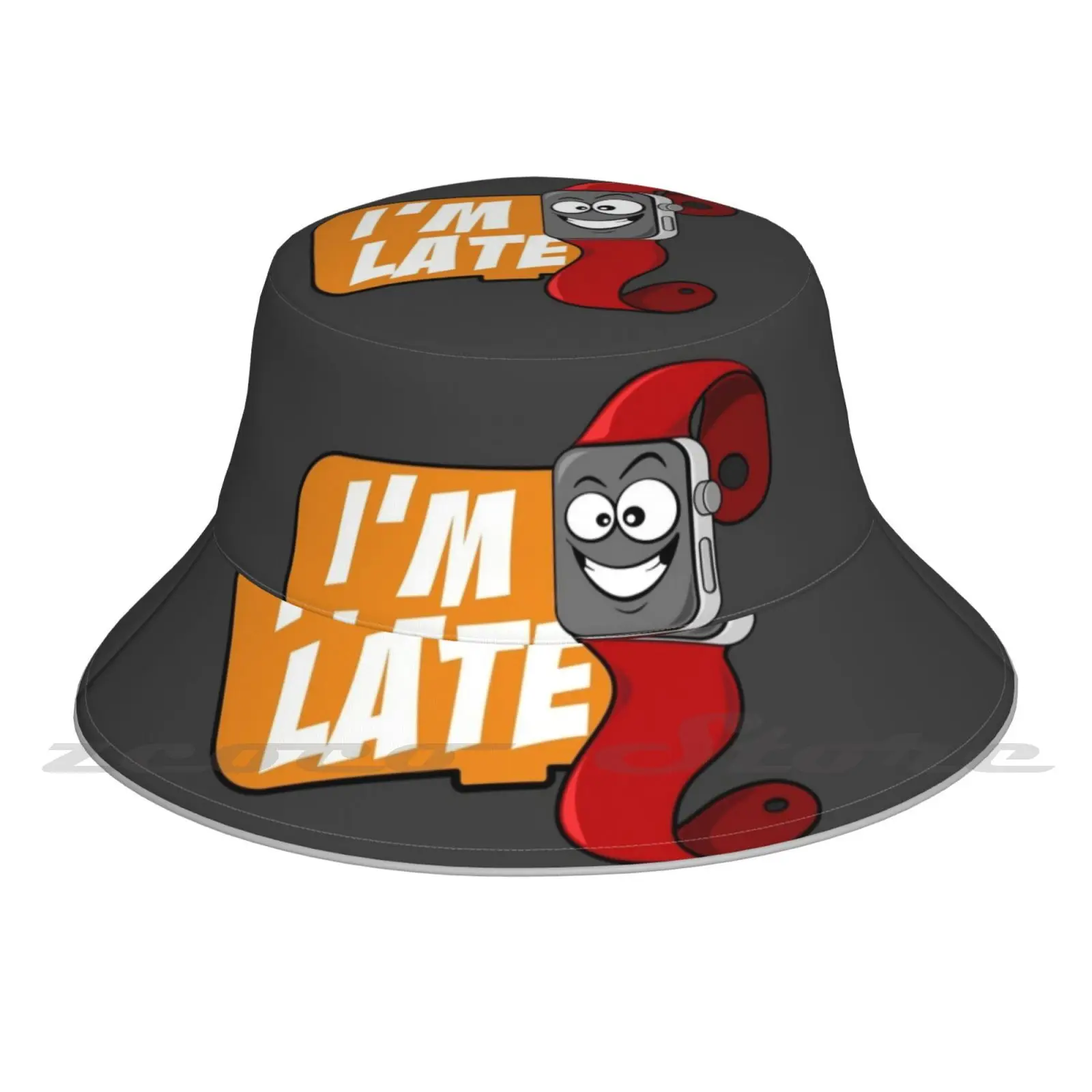 

I'M Late. Fun Illustration Of Watch Bucket Hat Fashion Soft Personalized Pattern Gift Cap I Am Late Watch Watch Hour Fashion
