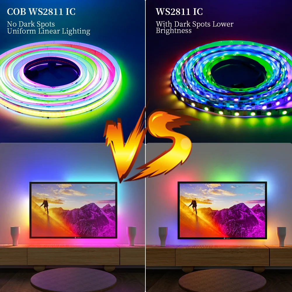 WS2811 720Leds/M RGBIC COB LED 스트립 주소 지정 가능 드림 컬러 12mm PCB WS2812B WS2812 고밀도 유연한 조명 RA90 DC12/24V