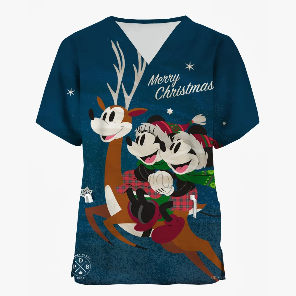 Women Care Nurse Uniform T-Shirt Disney Mickey Mouse Minnie print Christmas Printed Short Sleeve Holiday Pattern Workwear Blous