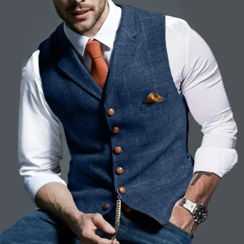 Dress Vests Men's Retro Suit Vest Fashion Plaid Lapel Single-breasted Waistcoat with Pocket Business Casual Formal Vest Tops Men's Clothing