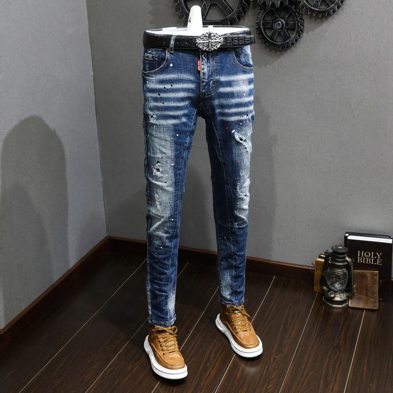 Street Fashion Men Jeans Retro Blue Elastic Slim Fit Ripped Jeans Men Stretch Embroidery Trousers Hip Hop Designer Pants Hombre