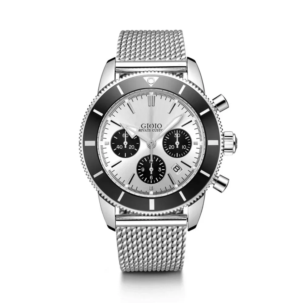 

Luxury Mens Quartz Chronograph Watch Stopwatch Superocean Stainless Steel Black Ceramic Bezel White Dial Rubber