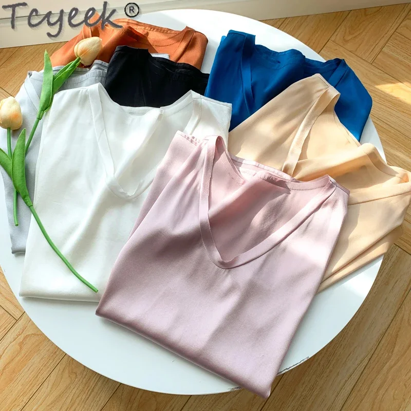 

93% Tcyeek Real Women Summer Sleeveless V-neck Tank Underwear 19mm Mulberry Silk Tops for Ladies Solid 7 Color