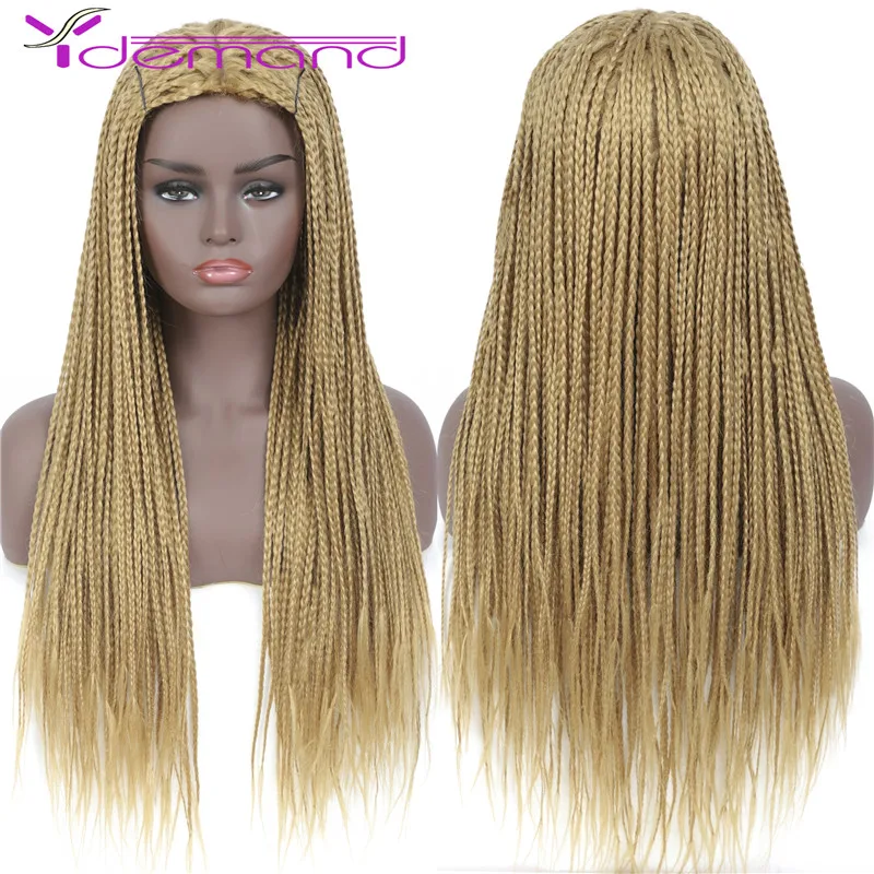 Y Demand Long Black Braided African Wig Headband Box Braids Wig Natural Synthetic Braiding Hair For Afro Women/Men