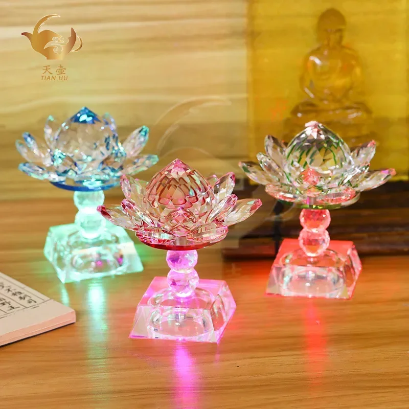 

Crystal Lotus Lamp Ornaments Home Lotus Candlestick Ghee Lamp 360 ° Rotating Crystal Base Buddha Tribute Long Light Christmas