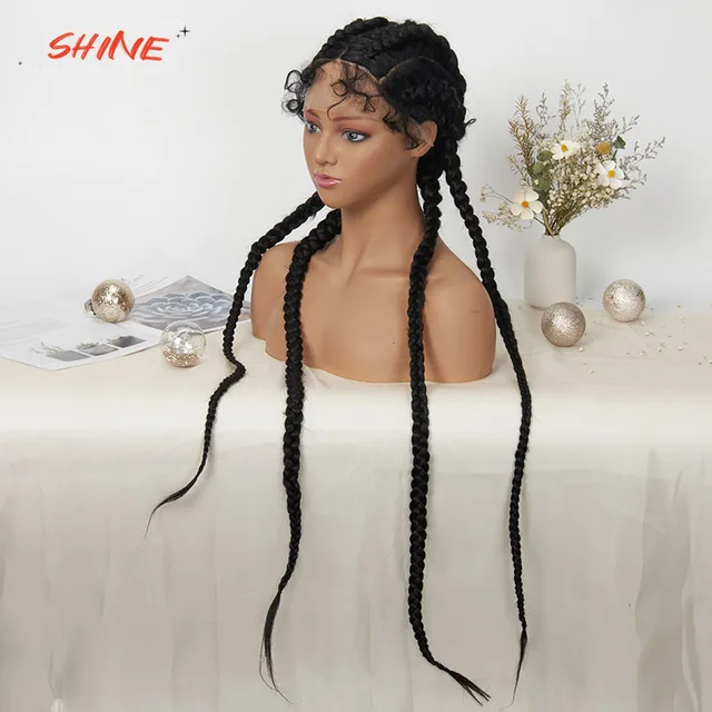 SHINE 30 Inches Long 4 Dutch Hand Braided Synthetic Lace Front Wig 13x4 Lace For Black