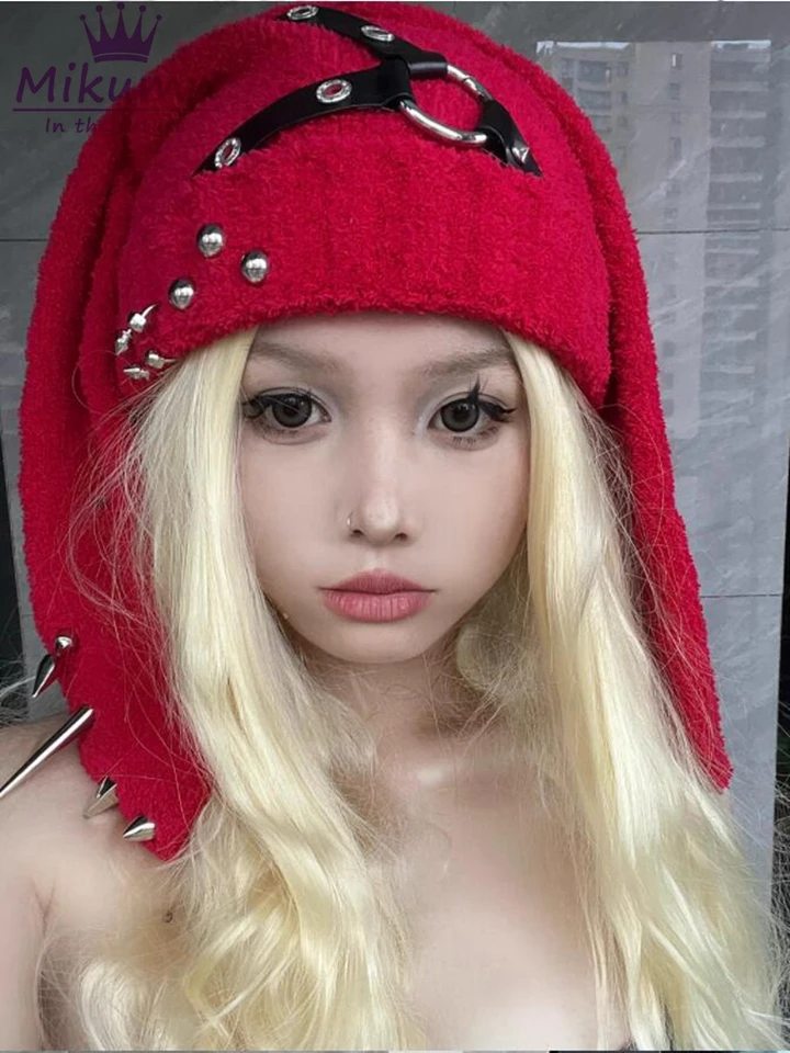 帽子 KUIN l ring punk beanie Harajuku Punk Rock Leather Ring Rivet Rabbit Ear Knitted Caps