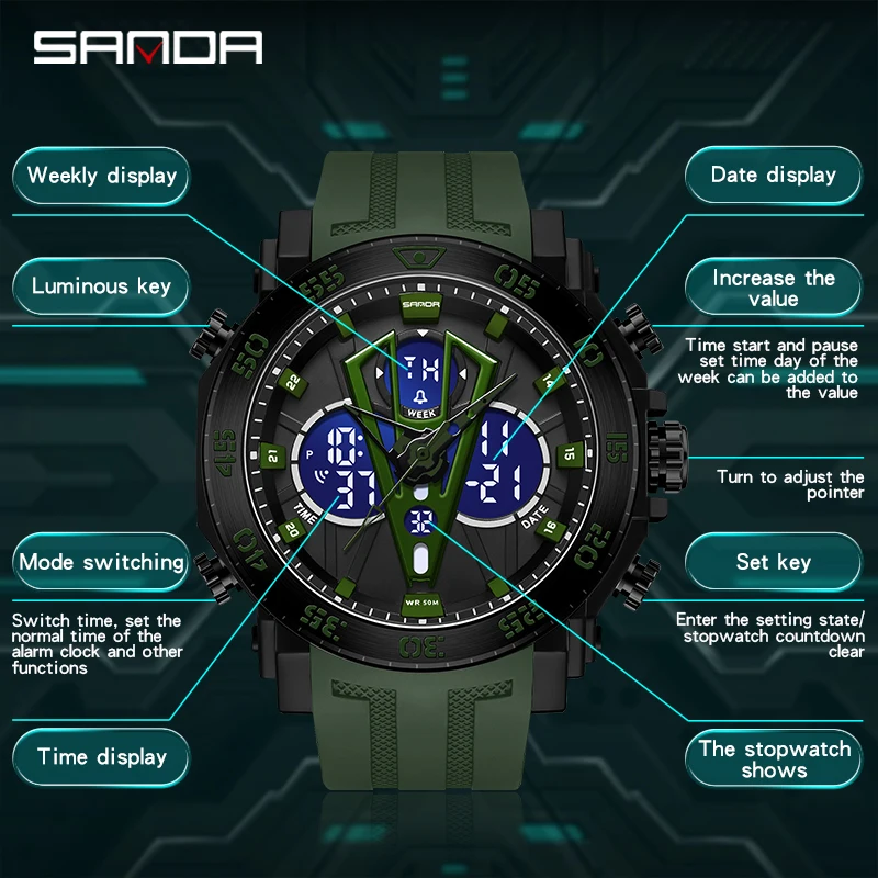 SANDA Top Luxury Watches Men Military Army Mens Watch Waterproof Sport Wristwatch Dual Display Watch Male Relogio Masculino 6105