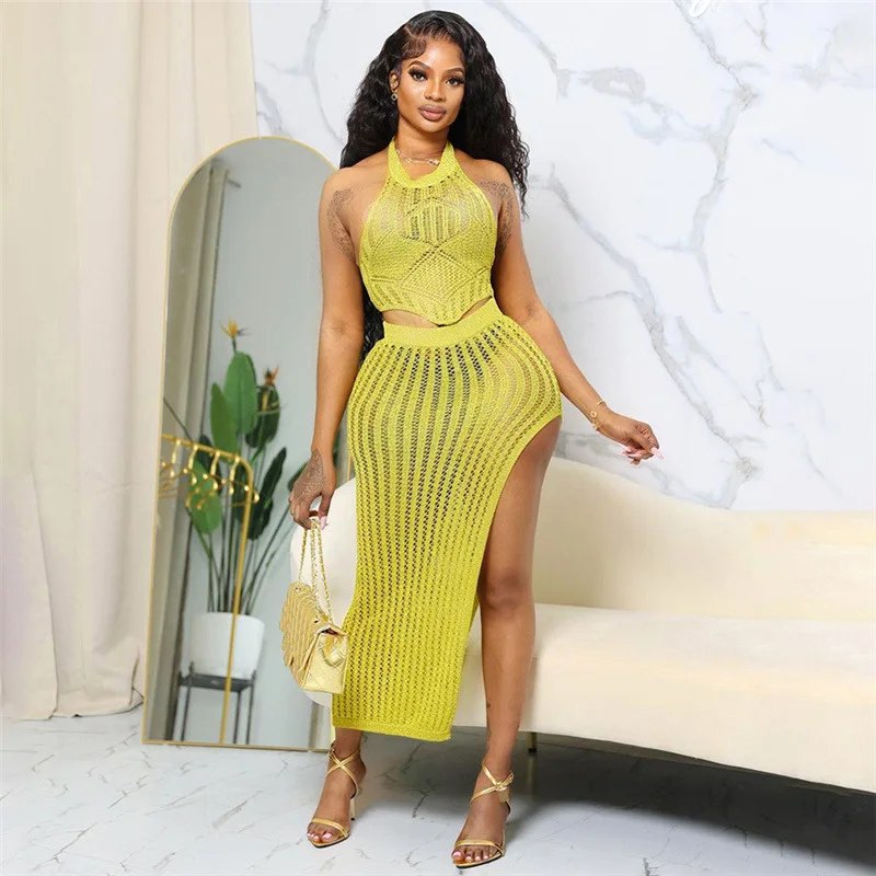 

Solid Knitted Two Piece Dress Sets Women Sexy Hollow Out Halter Backless Lace Up Vests Crop Top Split Long Skirts Beach Suits