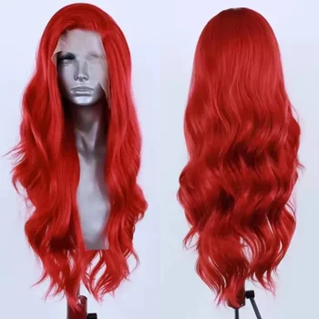 Parrucca Sintetica Rossa 13x4 con Pizzo Frontale, Lunga e Ondulata, Senza Colla, con Attaccatura Naturale, per Uso Quotidiano e Cosplay, da Donna, per Feste, 30 Pollici