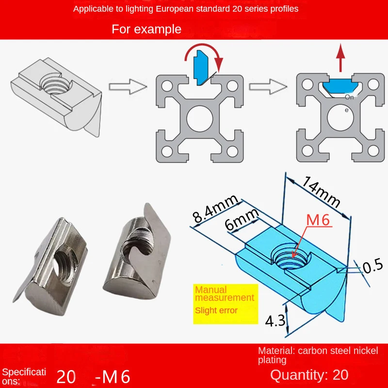 Gueiykk 50pcs European Standard Elastic Nut Aluminum Profiles T Slot Spring Nuts Fasteners M8
