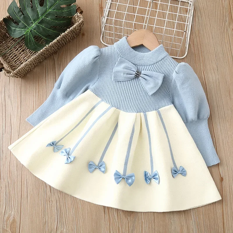 thumbnail image 1 of Spring New Girls' Knitted Sweater Dress 2-6 Y Sweet Bow Ruffled A-Line Dress for Girls Children's Clothing, 1 of 6