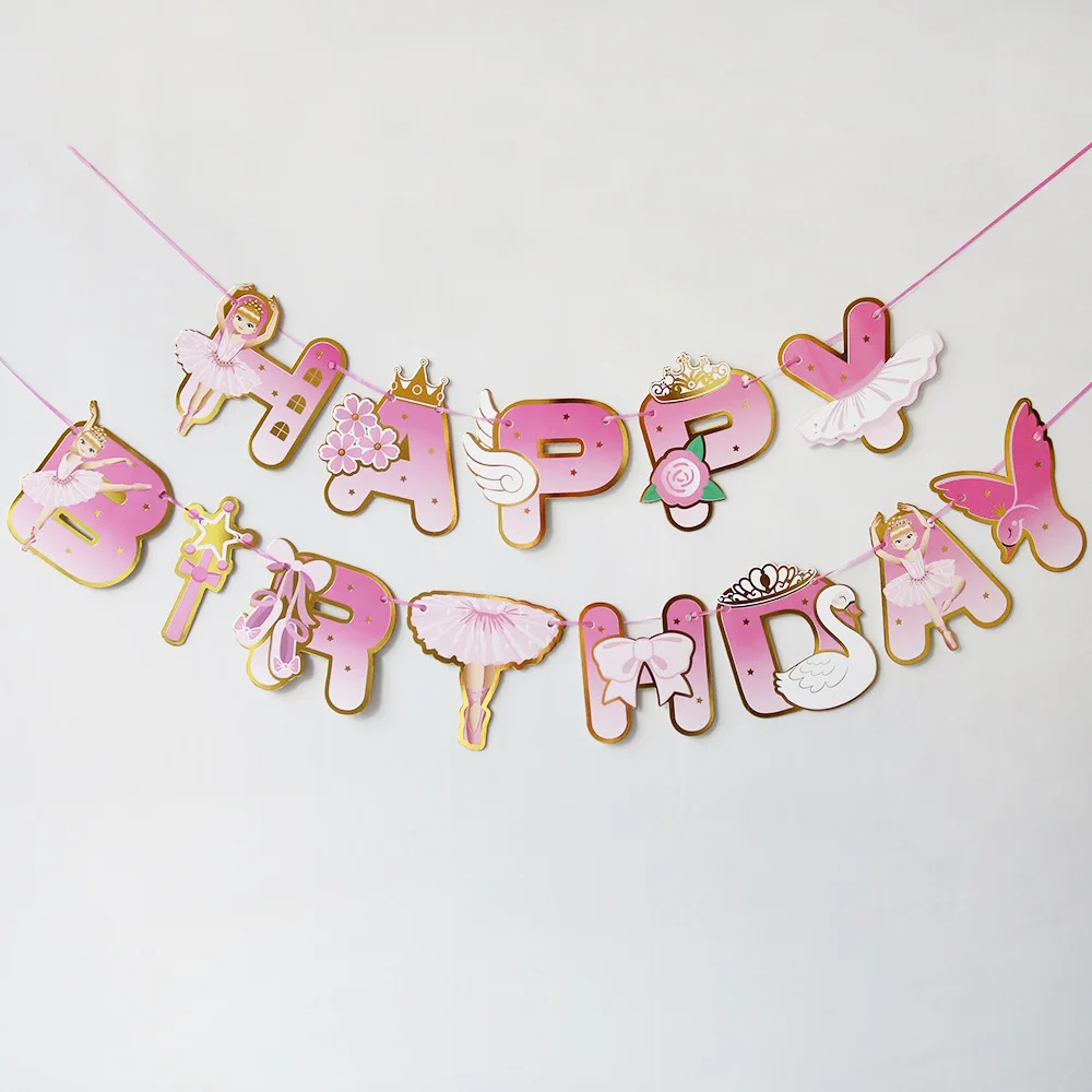 Swan Pink Ballerina Girl Cake Flags Crown Dress Happy Birthday Cake Toppers Ballet Banners Birthday Party Home Decor Supplies