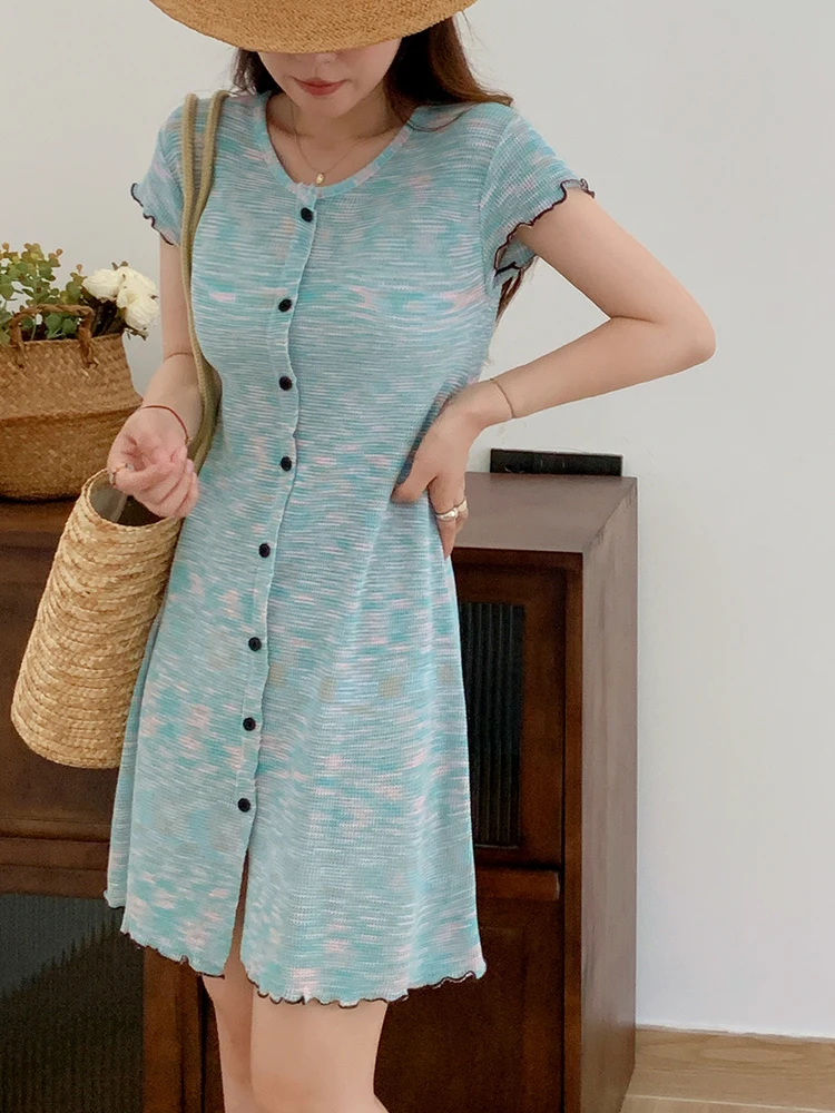 

V Neck Single-Breasted Blue Dress Women Short Sleeve Mini Dress Korean Fashion Female Slim Waist Straight Dress Summer 2023 New