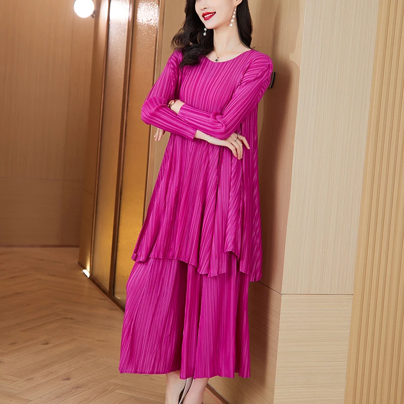 2024 Summer New Printed Corn Fold Long Sleeve T-Shirt+Fashion High Waist Pleated Skirt Women's Vintage Set Two-Piece